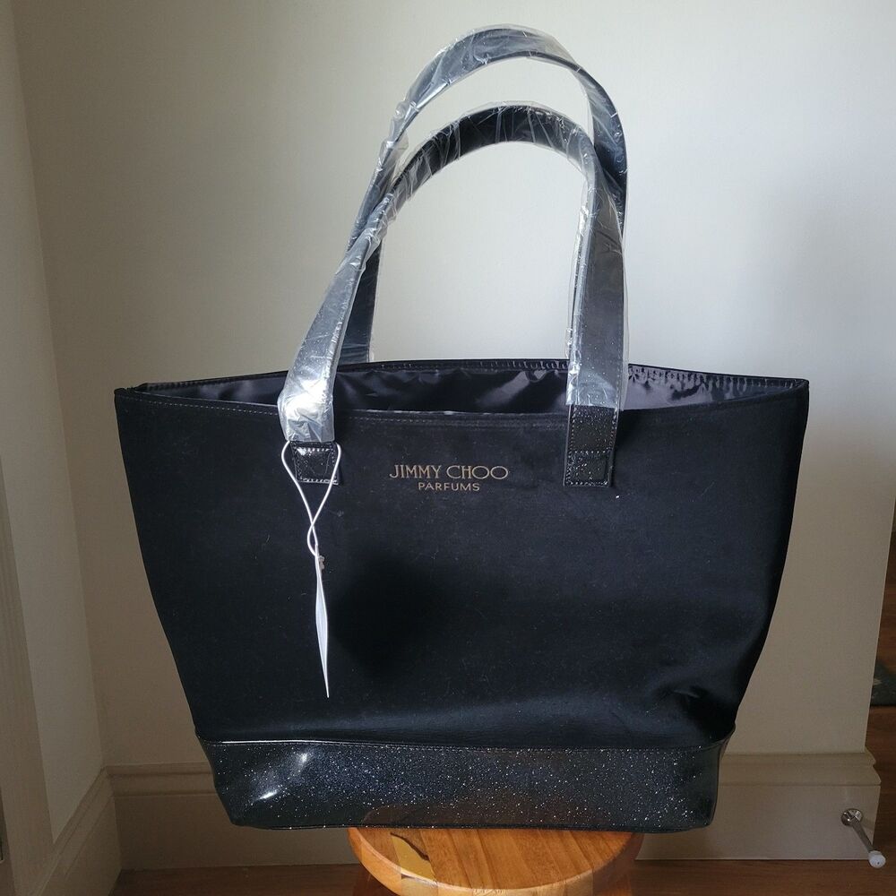 Jimmy Choo Parfums Black Tote Bag Glitter Accents Solid Double Handles